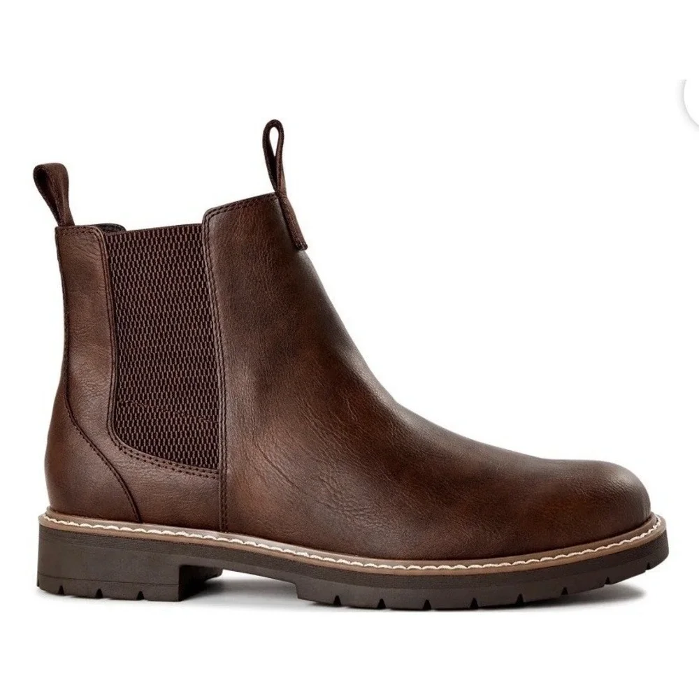 Portland Boot Company Mens Chelsea Boots Brown Faux Leather Lug Sole Pull On